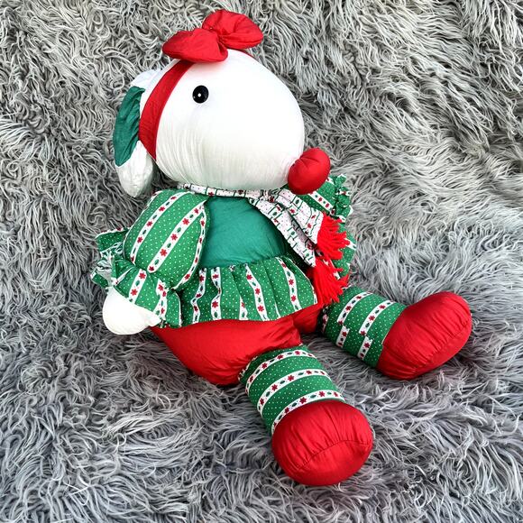 Vintage Nylon Holiday Decor Christmas Girl Miss Mouse Stuffed Animal Plush Puffy - Picture 4 of 11